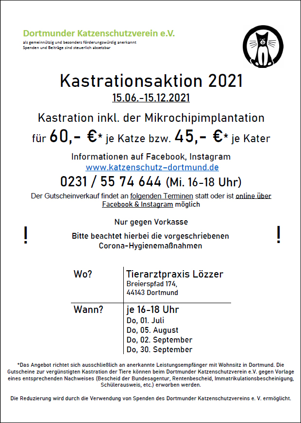 Der Dortmunder Katzenschutzverein informiert über Kastrationsaktion 2021
