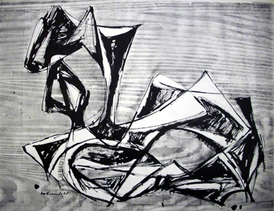 1953, Stier, Holzschnitt und Tusche, 60 x 46 cm