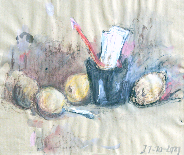 31.10.2001, Stilleben, Mischtechnik auf Packpapier, 29 x 24,5 cm